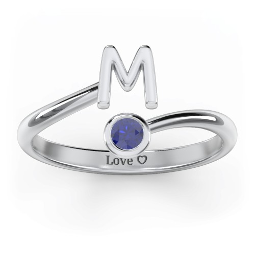 Initial & Birthstone Bypass Ring – Sterling Silver with Blue Sapphire