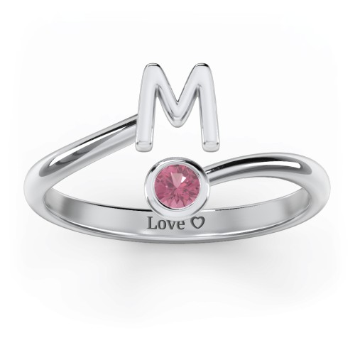 Initial & Birthstone Bypass Ring – Sterling Silver with Pink Tourmaline