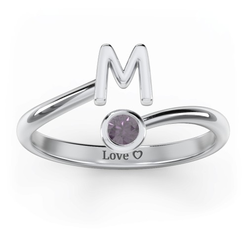 Initial & Birthstone Bypass Ring – Sterling Silver with Alexandrite