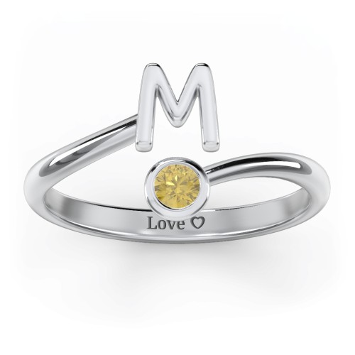 Initial & Birthstone Bypass Ring – Sterling Silver with Citrine