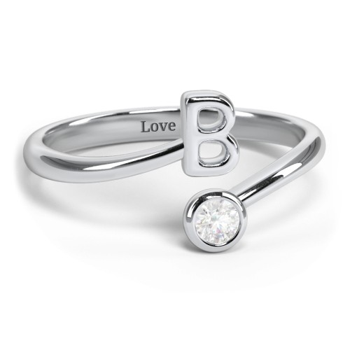 Initial & Birthstone Bypass Ring – Sterling Silver with Diamond