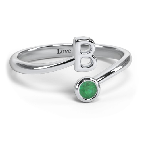 Initial & Birthstone Bypass Ring – Sterling Silver with Emerald