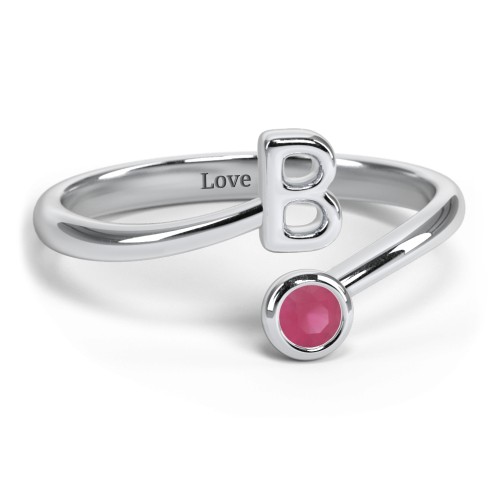 Initial & Birthstone Bypass Ring – Sterling Silver with Ruby