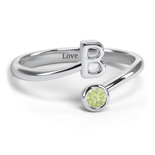 Initial & Birthstone Bypass Ring – Sterling Silver with Peridot