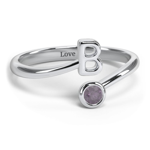 Initial & Birthstone Bypass Ring – Sterling Silver with Alexandrite