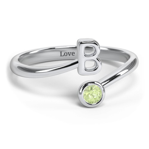 Initial & Birthstone Bypass Ring – Sterling Silver with Peridot
