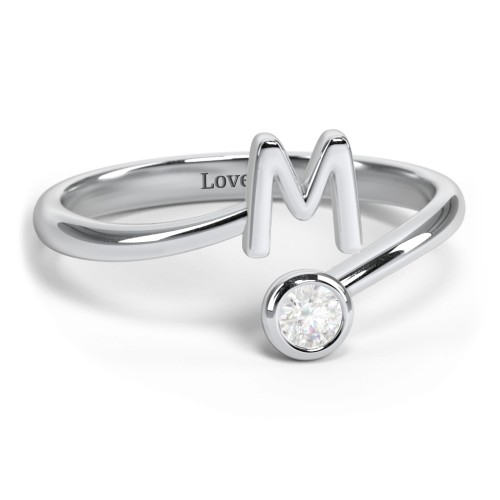 Initial & Birthstone Bypass Ring – Sterling Silver with Diamond