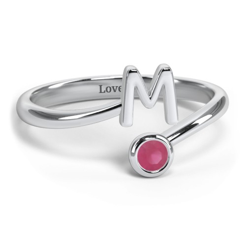 Initial & Birthstone Bypass Ring – Sterling Silver with Ruby