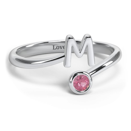 Initial & Birthstone Bypass Ring – Sterling Silver with Pink Tourmaline