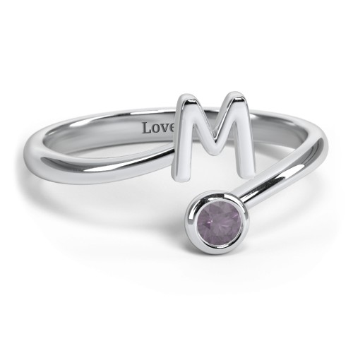 Initial & Birthstone Bypass Ring – Sterling Silver with Alexandrite