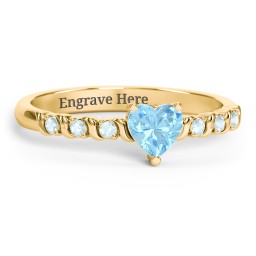 Solitaire Heart Gemstone Ring with Side Accent Stones in 18K Gold Plated Silver with Blue Topaz