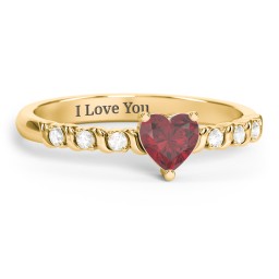 Solitaire Heart Gemstone Ring with Side Accent Stones in 18K Gold Plated Silver with Ruby and Cubic Zirconia