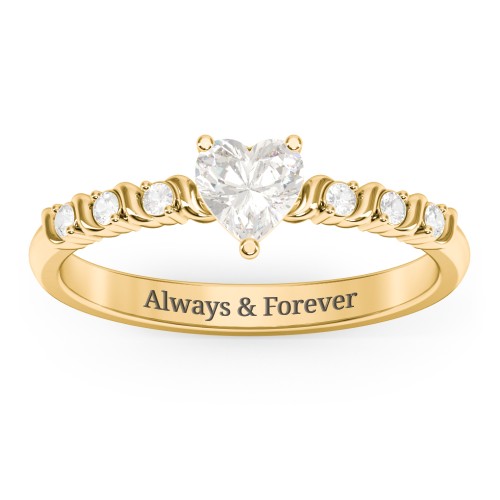 Solitaire Heart Gemstone Ring with Side Accent Stones – 18K Gold Plated Silver with Cubic Zirconia
