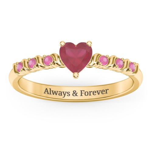 Solitaire Heart Gemstone Ring with Side Accent Stones – 18K Gold Plated Silver with Ruby