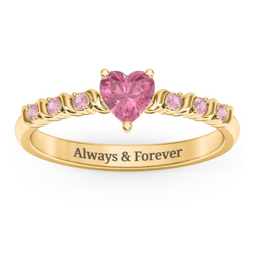 Solitaire Heart Gemstone Ring with Side Accent Stones – 18K Gold Plated Silver with Pink Tourmaline