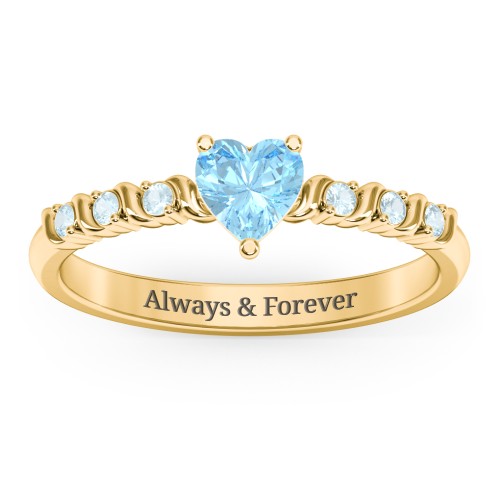 Solitaire Heart Gemstone Ring with Side Accent Stones – 18K Gold Plated Silver with Blue Topaz