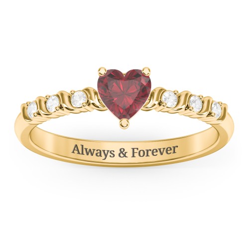 Solitaire Heart Gemstone Ring with Side Accent Stones – 18K Gold Plated Silver with Ruby and Cubic Zirconia