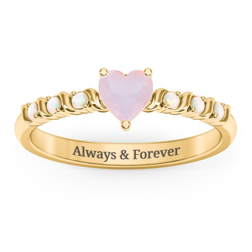 Solitaire Heart Gemstone Ring with Side Accent Stones – 18K Gold Plated Silver with Opal