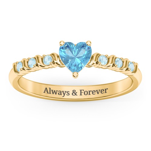 Solitaire Heart Gemstone Ring with Side Accent Stones – 18K Gold Plated Silver with Blue Topaz