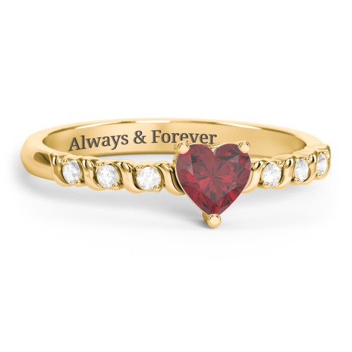 Solitaire Heart Gemstone Ring with Side Accent Stones – 18K Gold Plated Silver with Ruby and Cubic Zirconia