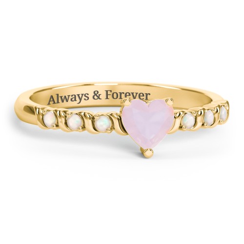 Solitaire Heart Gemstone Ring with Side Accent Stones – 18K Gold Plated Silver with Opal