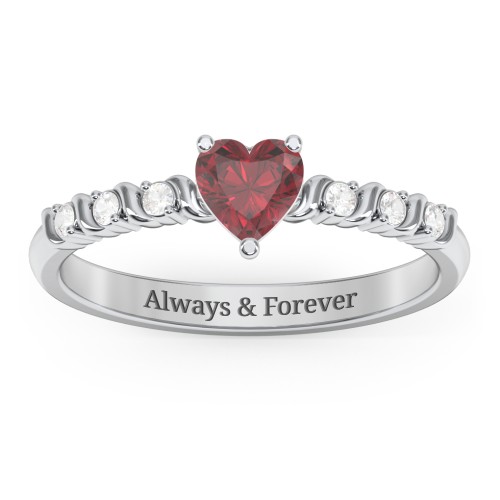 Solitaire Heart Gemstone Ring with Side Accent Stones – Sterling Silver with Ruby and Cubic Zirconia