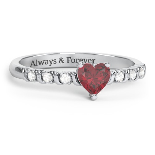 Solitaire Heart Gemstone Ring with Side Accent Stones – Sterling Silver with Ruby and Cubic Zirconia