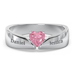 Solitaire Heart Gemstone Ring with Tapered Wide Band in 925 Sterling Silver with Pink Tourmaline