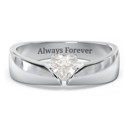 Solitaire Heart Gemstone Ring with Tapered Wide Band in 925 Sterling Silver with Cubic Zirconia