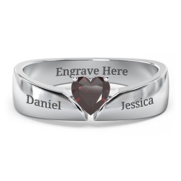 Solitaire Heart Gemstone Ring with Tapered Wide Band in 925 Sterling Silver with Garnet