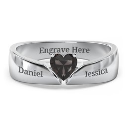 Solitaire Heart Gemstone Ring with Tapered Wide Band in 925 Sterling Silver with Smokey Quartz
