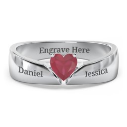 Solitaire Heart Gemstone Ring with Tapered Wide Band in 925 Sterling Silver with Ruby