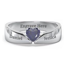 Solitaire Heart Gemstone Ring with Tapered Wide Band in 925 Sterling Silver with Blue Sapphire
