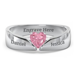 Solitaire Heart Gemstone Ring with Tapered Wide Band in 925 Sterling Silver with Pink Tourmaline