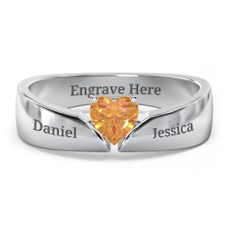 Solitaire Heart Gemstone Ring with Tapered Wide Band in 925 Sterling Silver with Citrine