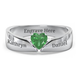 Solitaire Heart Gemstone Ring with Tapered Wide Band in 925 Sterling Silver with Emerald