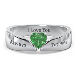 Solitaire Heart Gemstone Ring with Tapered Wide Band in 925 Sterling Silver with Emerald