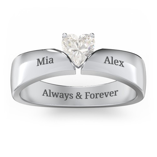 Solitaire Heart Gemstone Ring with Tapered Wide Band – Sterling Silver with Cubic Zirconia