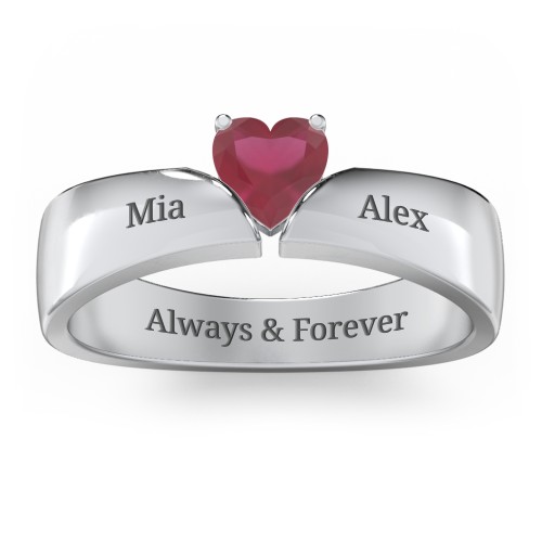 Solitaire Heart Gemstone Ring with Tapered Wide Band – Sterling Silver with Ruby