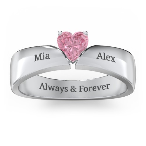 Solitaire Heart Gemstone Ring with Tapered Wide Band – Sterling Silver with Pink Tourmaline