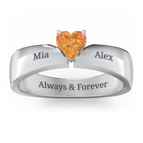 Solitaire Heart Gemstone Ring with Tapered Wide Band – Sterling Silver with Citrine