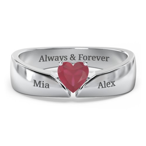Solitaire Heart Gemstone Ring with Tapered Wide Band – Sterling Silver with Ruby