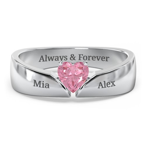 Solitaire Heart Gemstone Ring with Tapered Wide Band – Sterling Silver with Pink Tourmaline