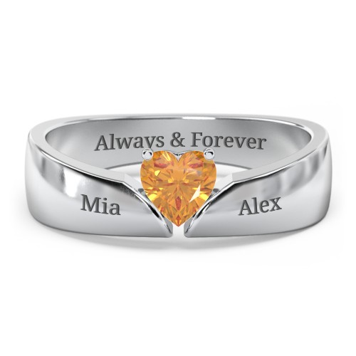 Solitaire Heart Gemstone Ring with Tapered Wide Band – Sterling Silver with Citrine