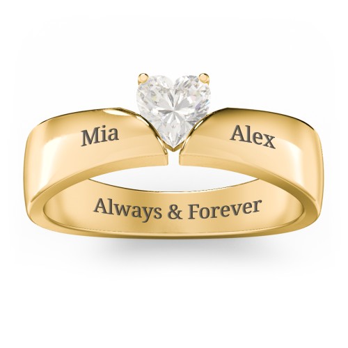 Solitaire Heart Gemstone Ring with Tapered Wide Band – 10K Yellow Gold with Cubic Zirconia