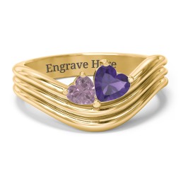 Double Heart Wave Birthstone Ring in 14K Solid Yellow Gold