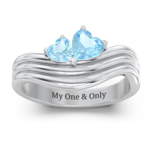 Double Heart Wave Birthstone Ring – Sterling Silver with Blue Topaz