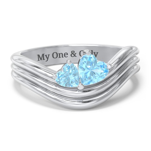 Double Heart Wave Birthstone Ring – Sterling Silver with Blue Topaz