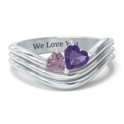Double Heart Wave Birthstone Ring in 925 Sterling Silver with Alexandrite and Amethyst