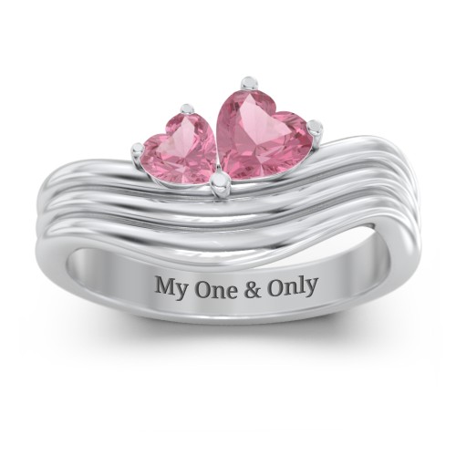 Double Heart Wave Birthstone Ring – Sterling Silver with Pink Tourmaline